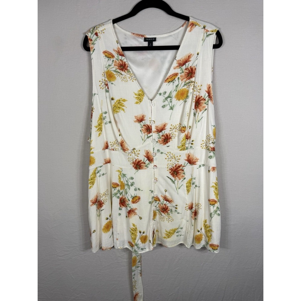 Torrid Floral Sleeveless Blouse Size 4X Ivory Boho Button Front Tie Waist Plus